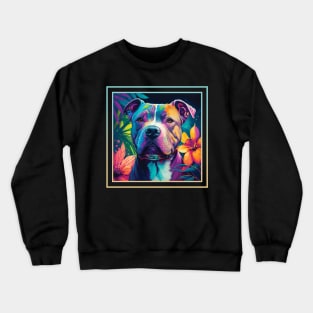 Happy American Staffordshire Pit Bull Dog Vibrant Tropical Flower Digital Oil Painting Portrait Crewneck Sweatshirt